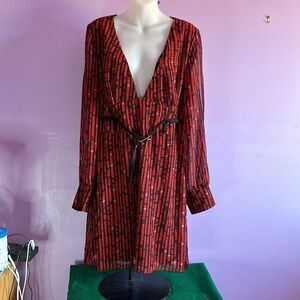 Frederick's of Hollywood Red Black V-Neck Long Sleeve Dress Size 16 Sexy Elegant